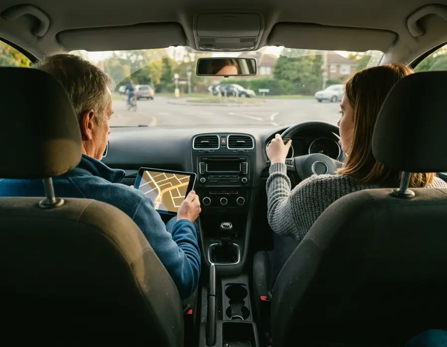 View from the back seat of a lesson: the learner steering while the instructor reviews a route on a tablet