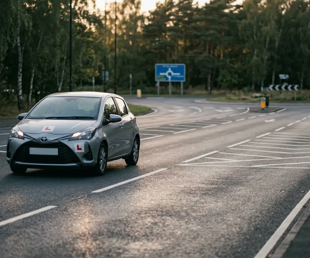A learner car with L-plates approaching a wide, tree-lined Milton Keynes roundabout at dusk